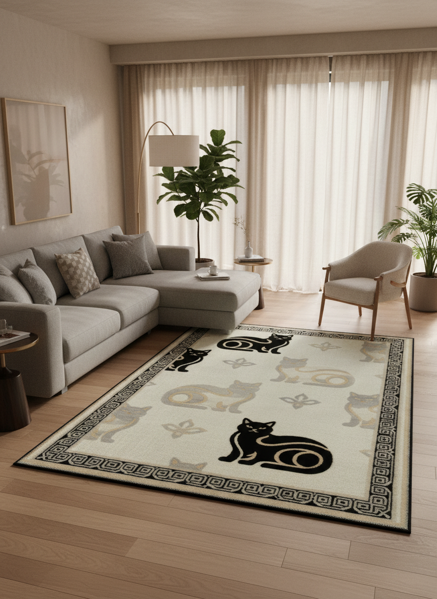 Arte KD015 Kedi Desenli Pati Dostu Hayvanseverler İçin Dekoratif Halı