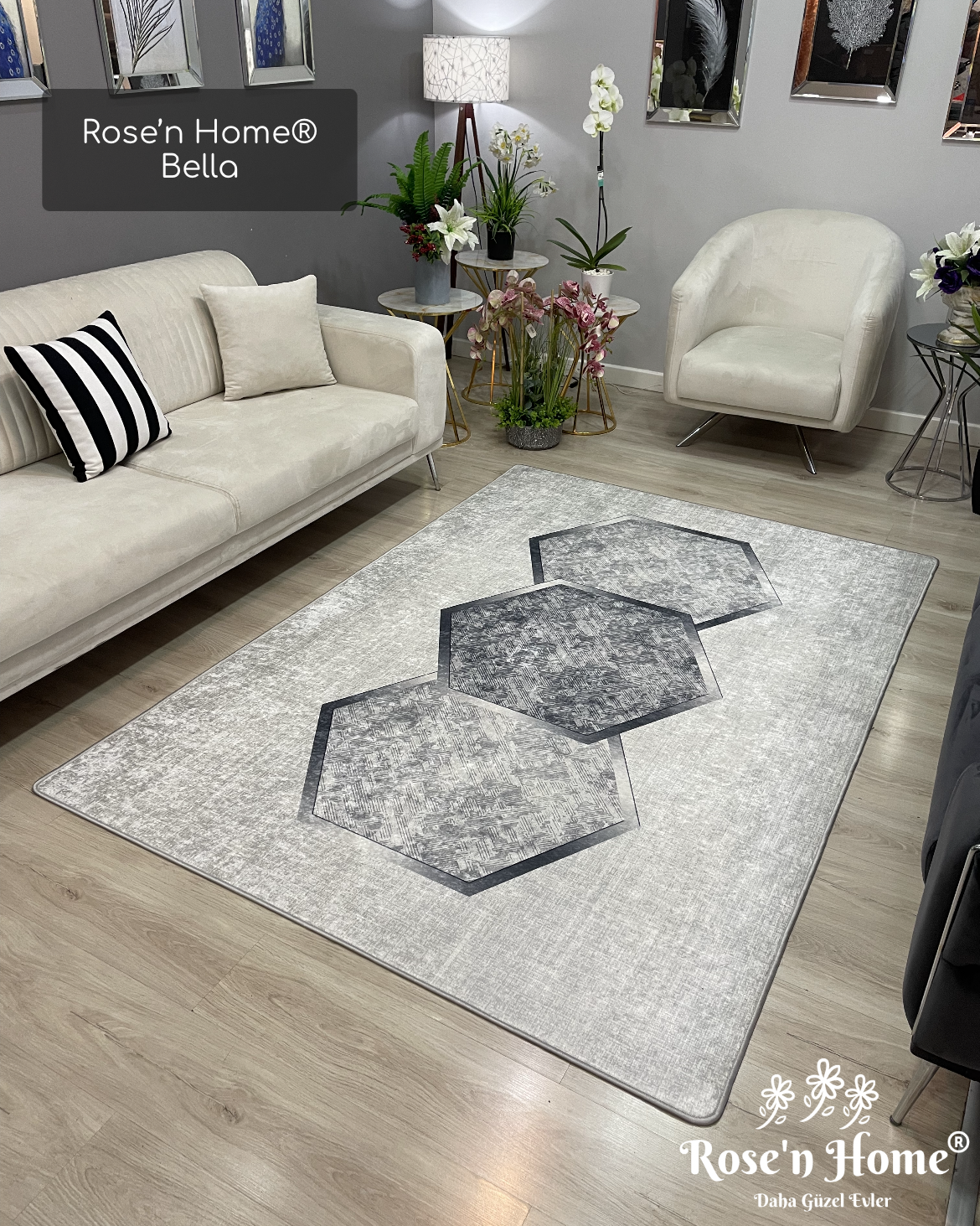 BELLA - Kaymaz Deri Taban Makinede Yıkanabilir Salon Oturma Odası Mutfak Halısı