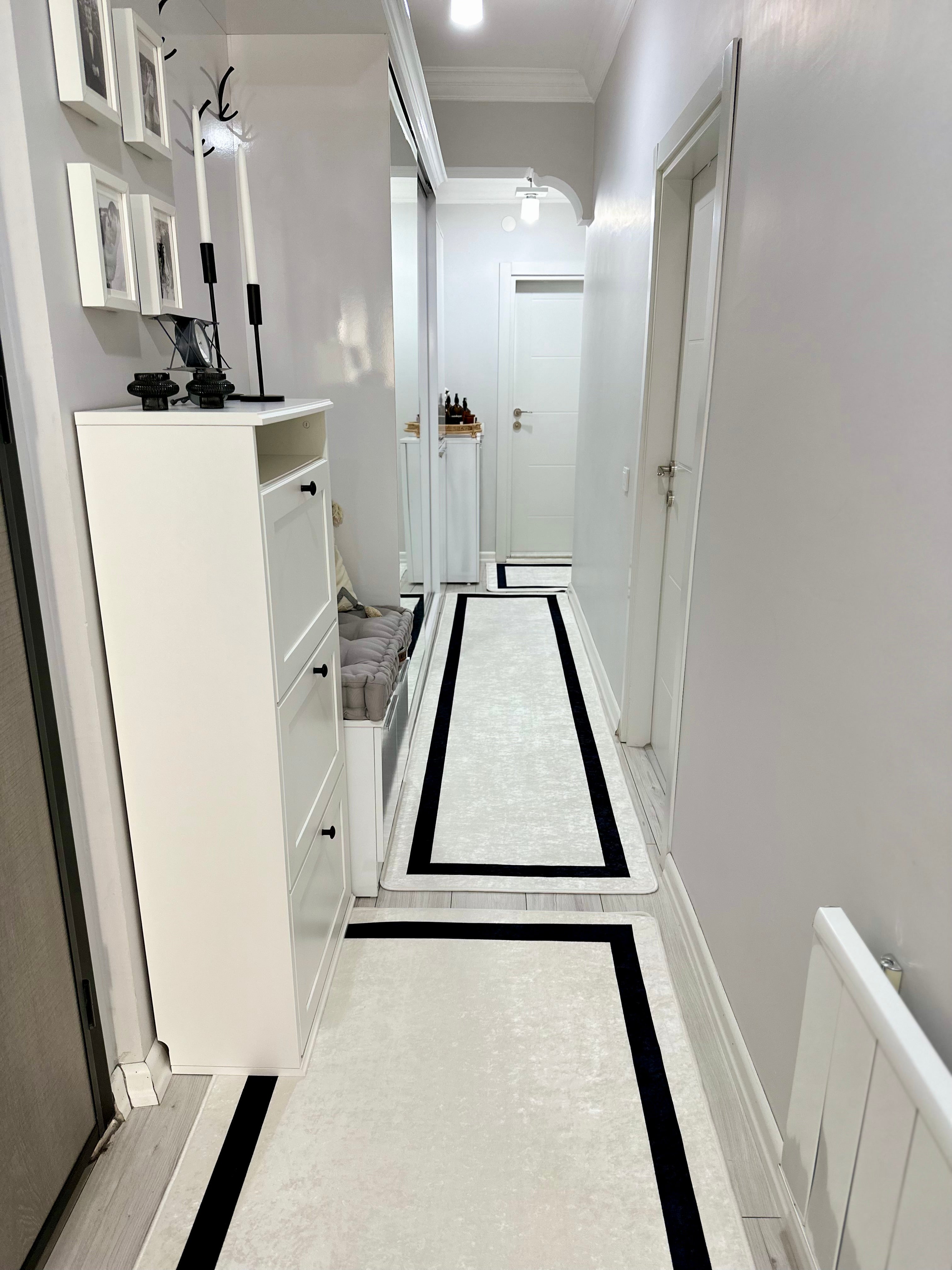 FRAME LİNE BEYAZ - Kaymaz Deri Taban Makinede Yıkanabilir Salon Oturma Odası Mutfak Halısı