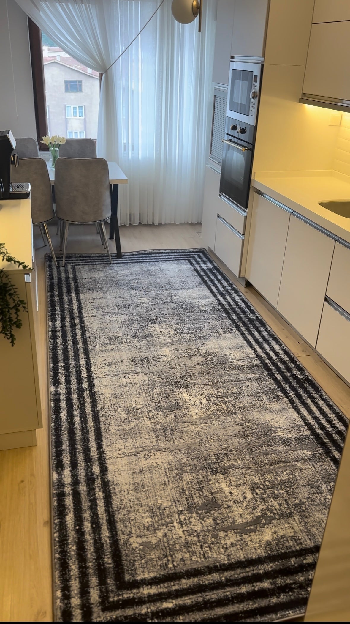 HOVEN GRİ SİYAH - Kaymaz Deri Taban Makinede Yıkanabilir Salon Oturma Odası Mutfak Halısı