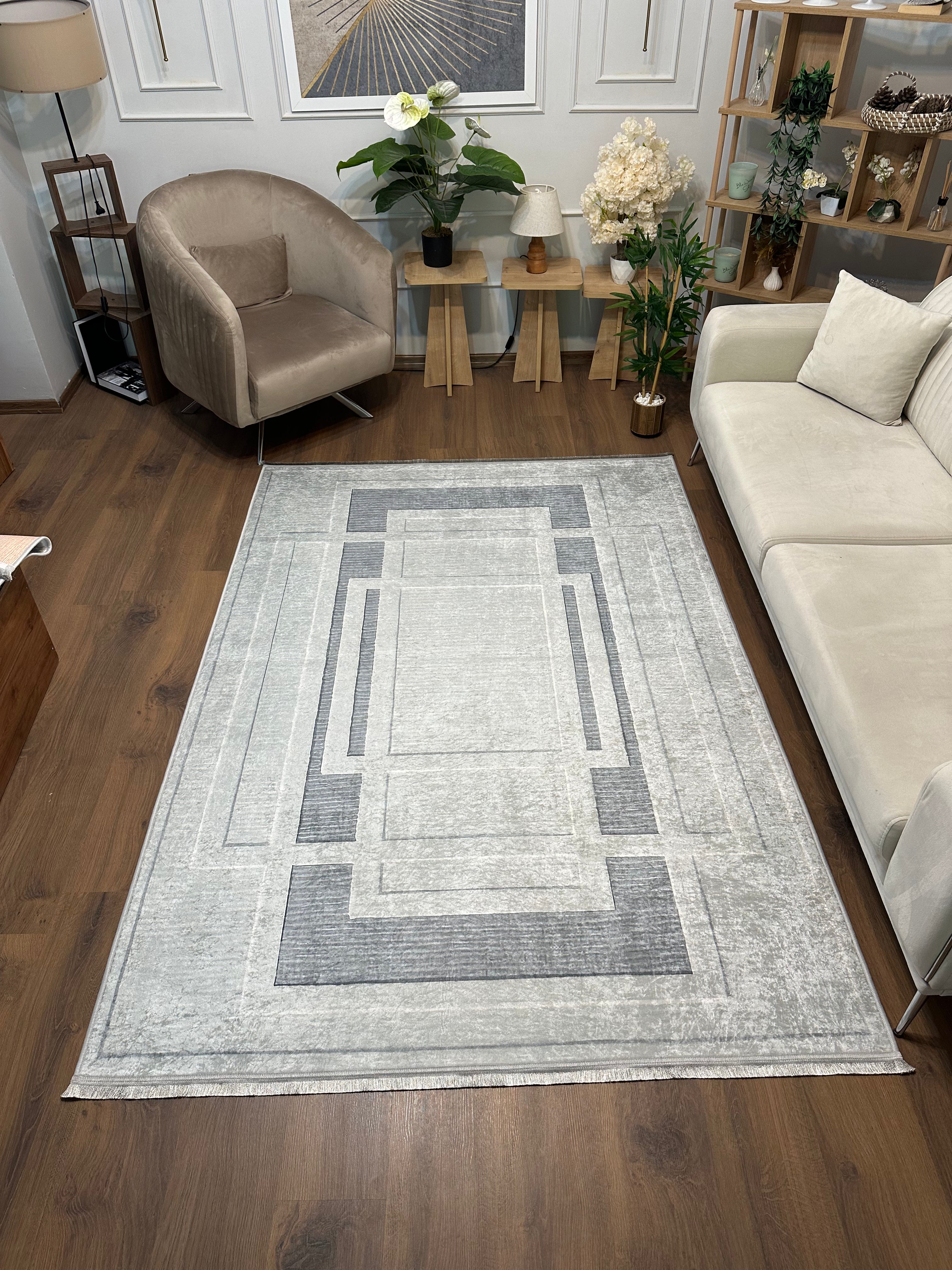 GARDEN GRİ - Kaymaz Deri Taban Makinede Yıkanabilir Salon Oturma Odası Mutfak Halısı