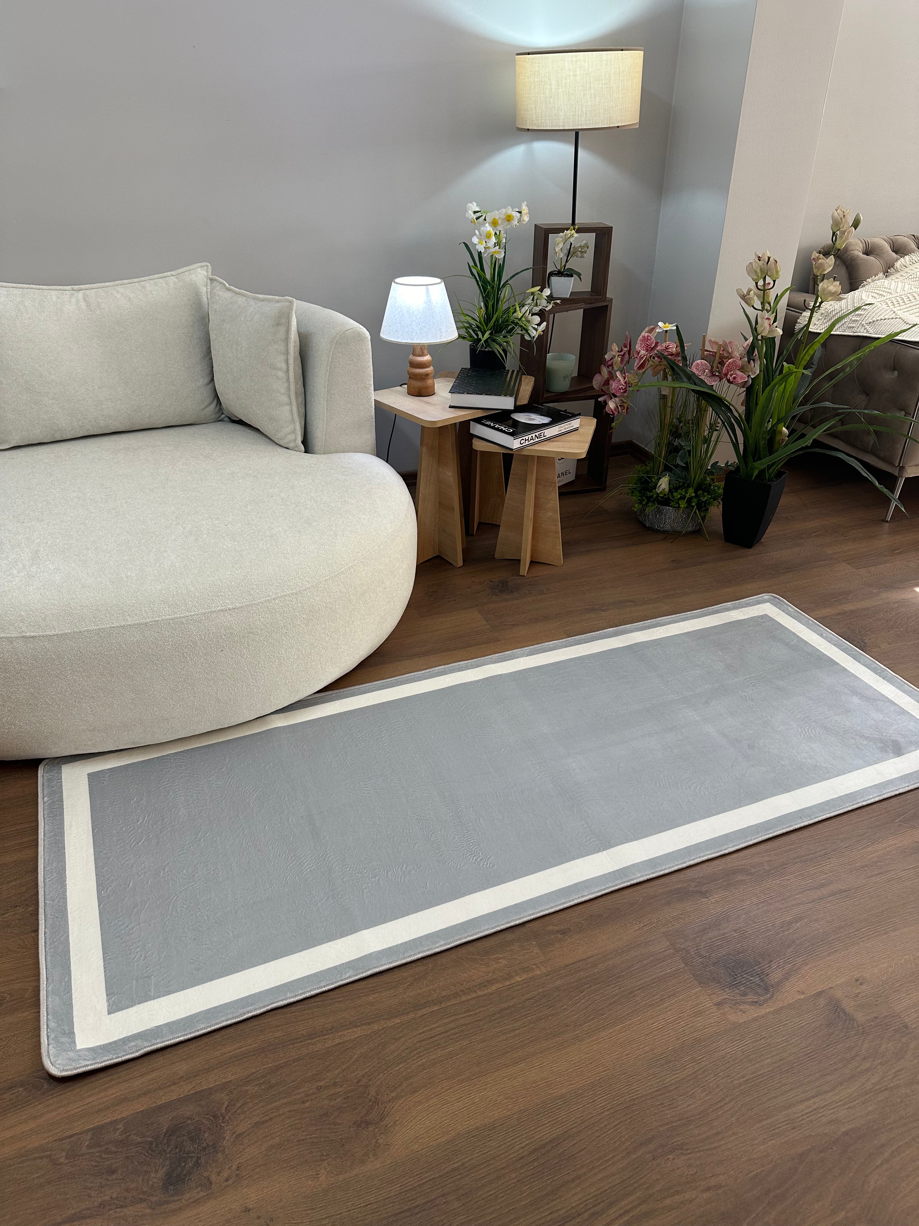 FRAME LİNE GRİ - Kaymaz Deri Taban Makinede Yıkanabilir Salon Oturma Odası Mutfak Halısı