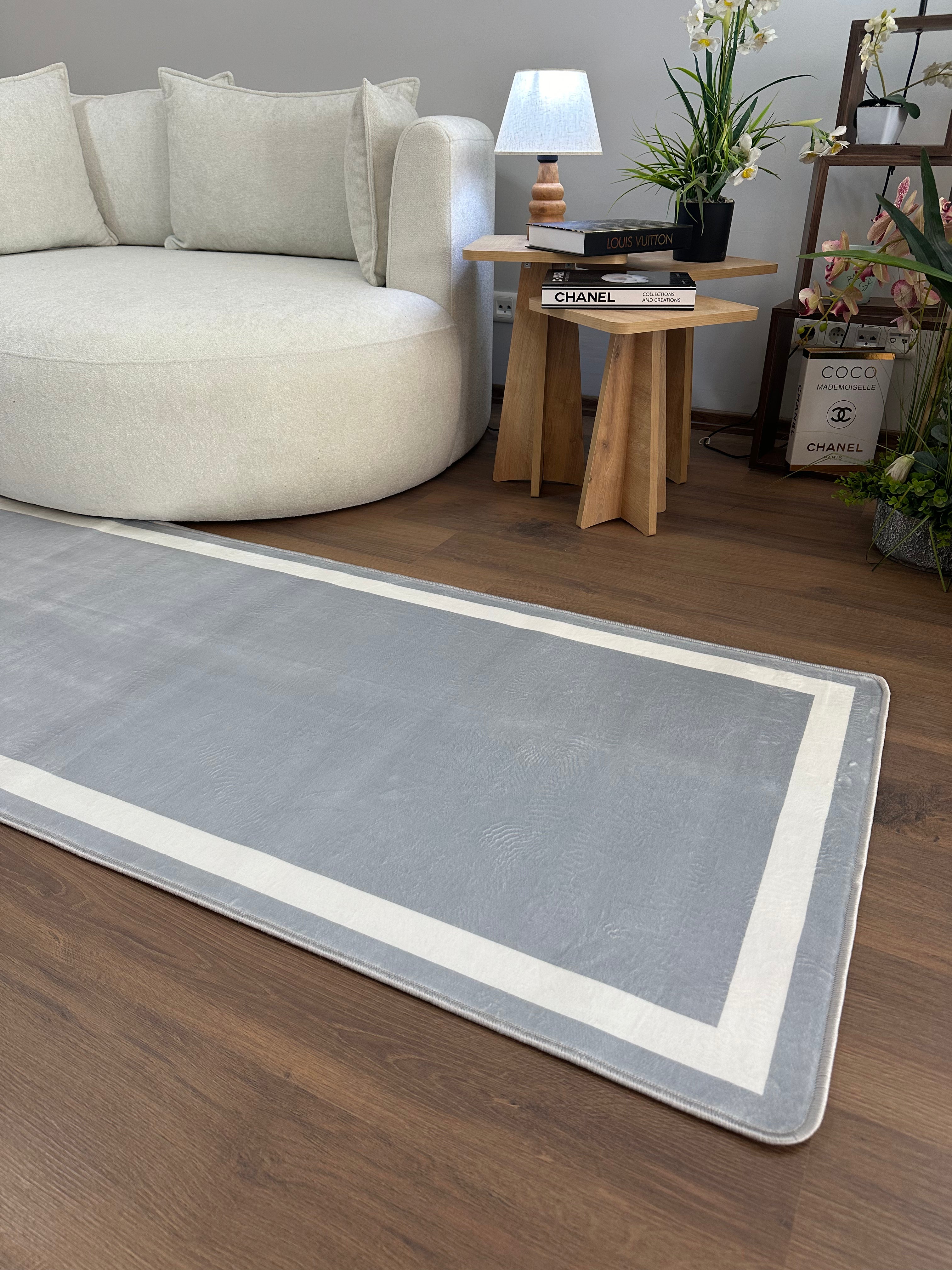 FRAME LİNE GRİ - Kaymaz Deri Taban Makinede Yıkanabilir Salon Oturma Odası Mutfak Halısı
