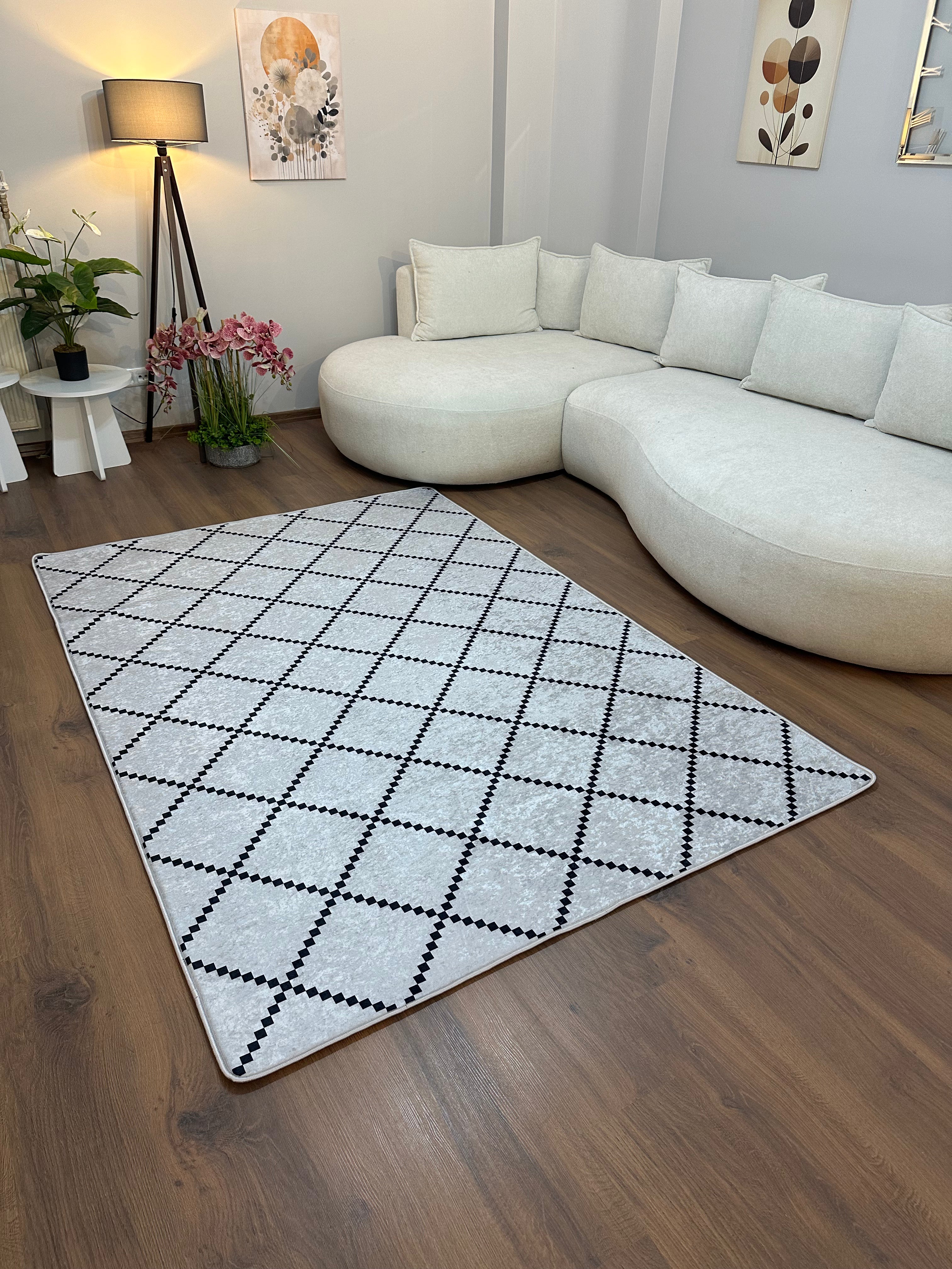 ZEN GRİ - Kaymaz Deri Taban Makinede Yıkanabilir Salon Oturma Odası Mutfak Halısı