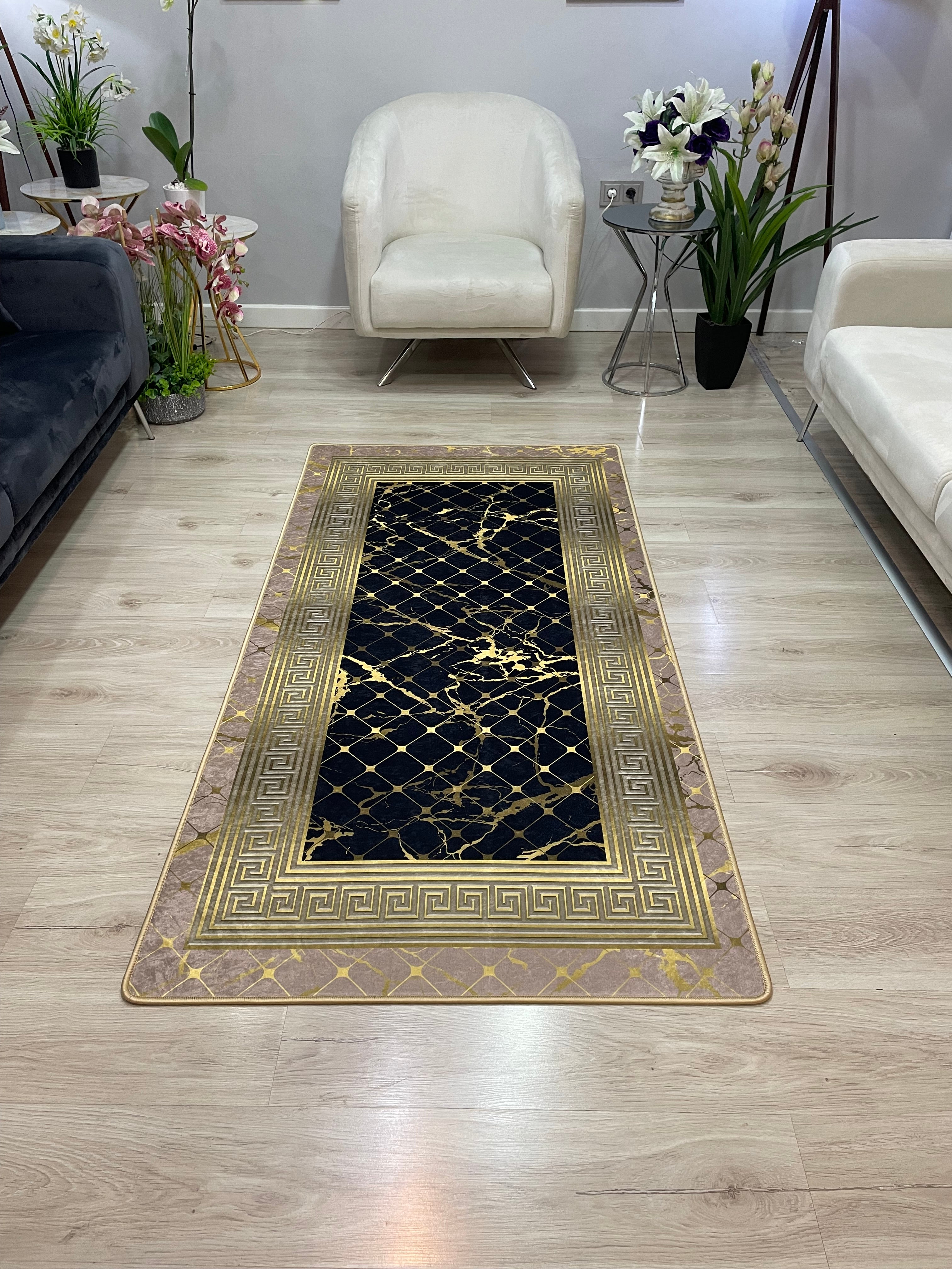 KANBERRA GOLD - Kaymaz Deri Taban Makinede Yıkanabilir Salon Oturma Odası Mutfak Halısı