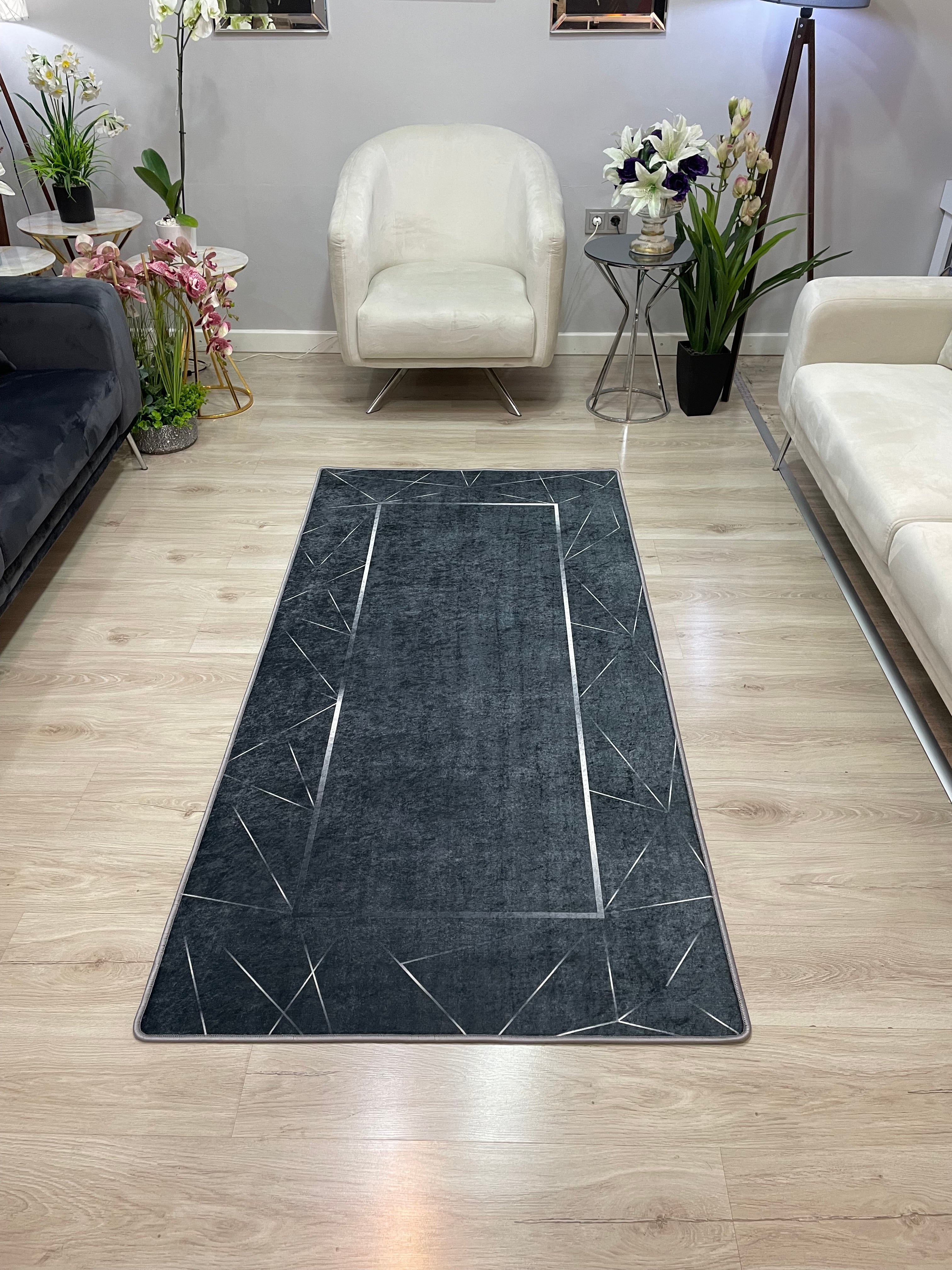 BENALLA SİYAH - Kaymaz Deri Taban Makinede Yıkanabilir Salon Oturma Odası Mutfak Halısı