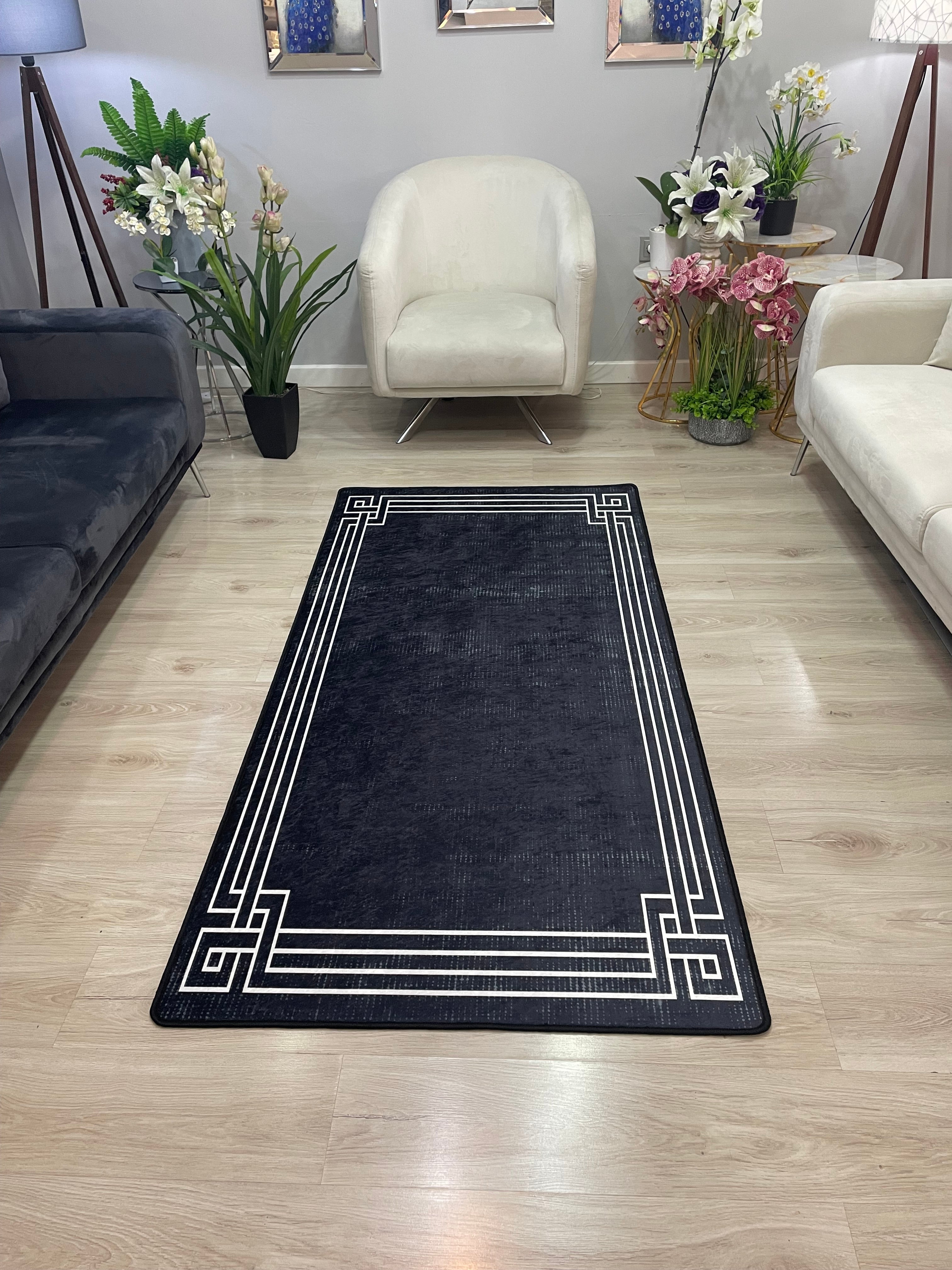 ZÜHRE ANTİK BLACK - Kaymaz Deri Taban Makinede Yıkanabilir Salon Oturma Odası Mutfak Halısı
