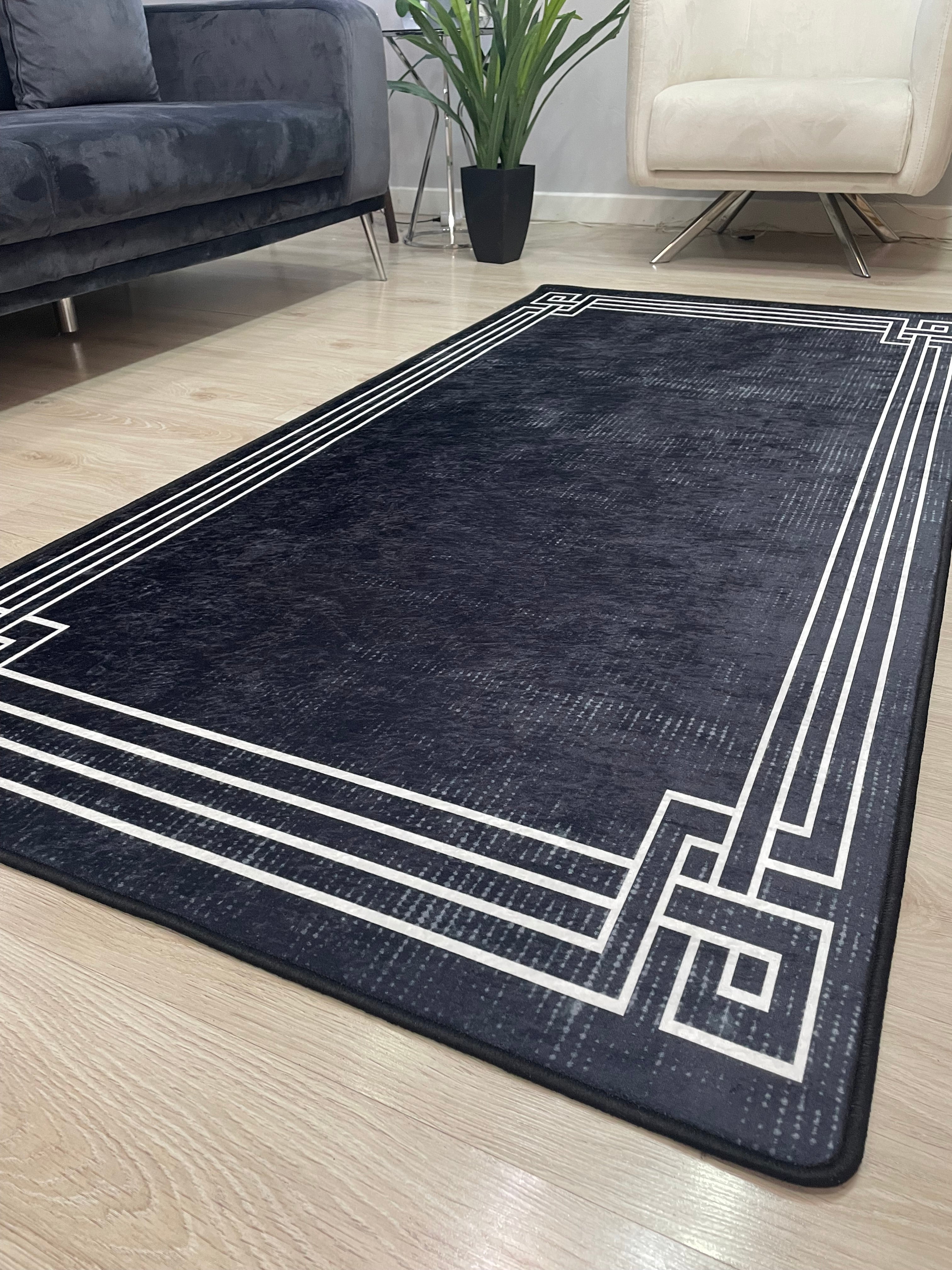 ZÜHRE ANTİK BLACK - Kaymaz Deri Taban Makinede Yıkanabilir Salon Oturma Odası Mutfak Halısı