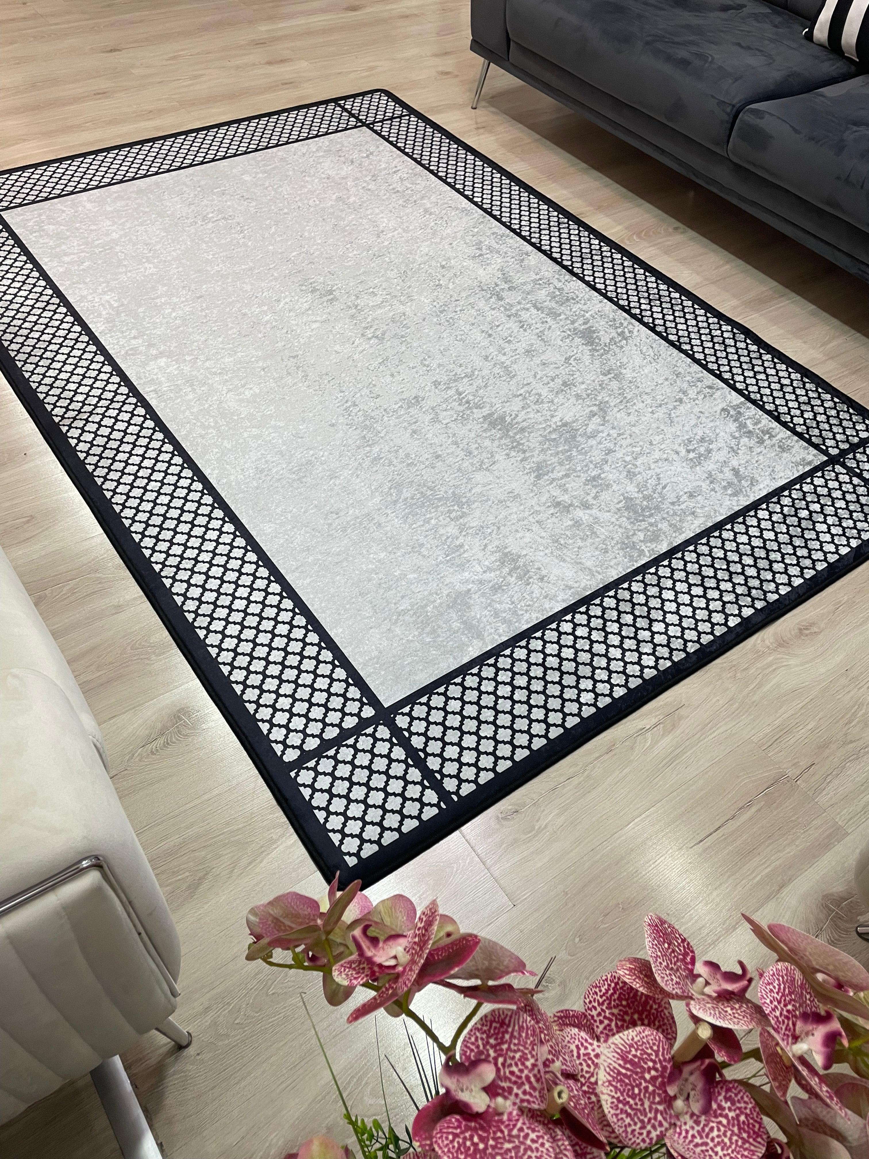 REDYA GRİ SİYAH - Kaymaz Deri Taban Makinede Yıkanabilir Salon Oturma Odası Mutfak Halısı