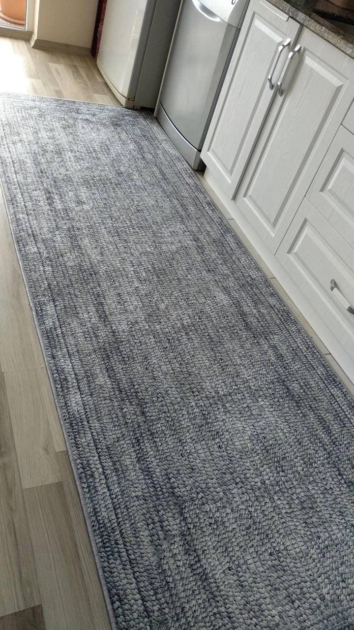 HASIR GRİ - Kaymaz Deri Taban Makinede Yıkanabilir Salon Oturma Odası Mutfak Halısı