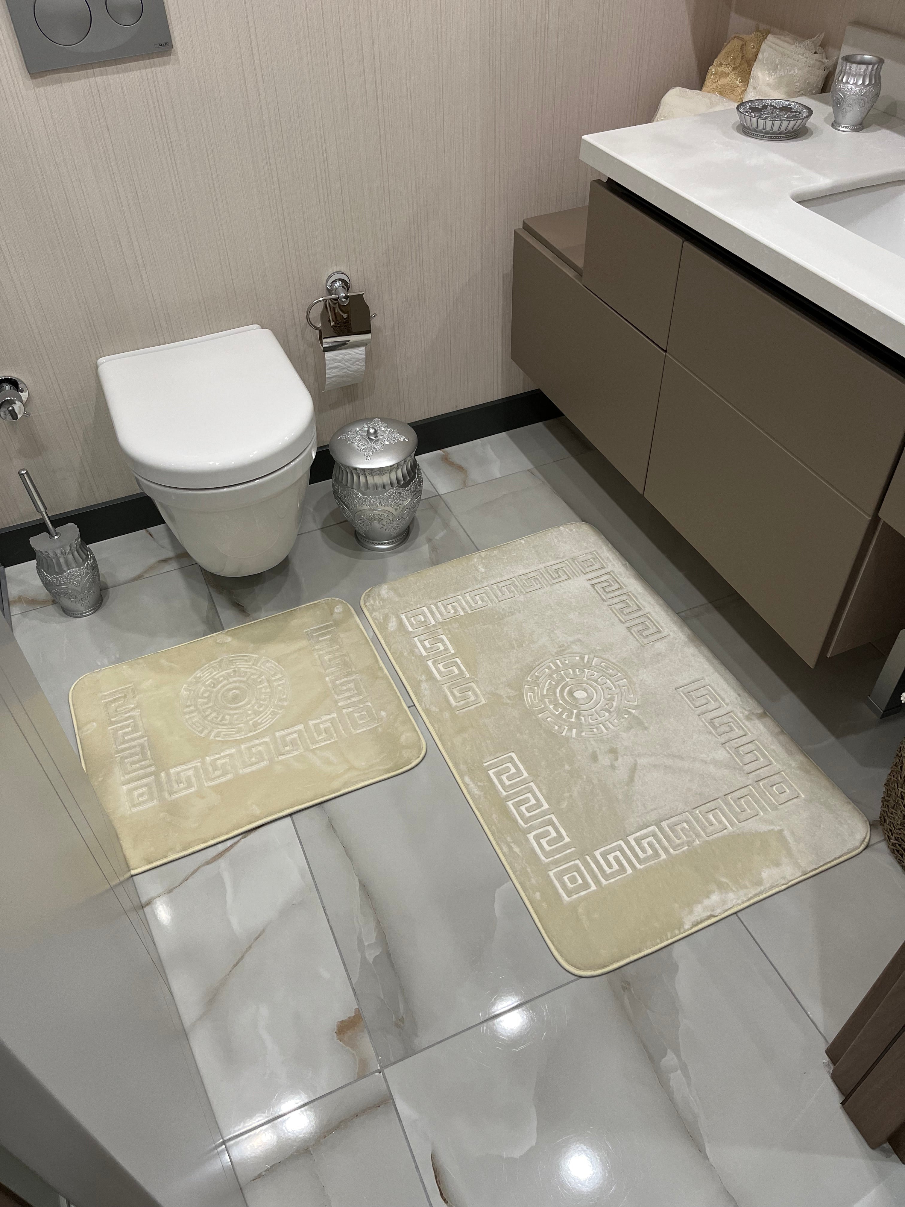 KREM - Yıkanabilir Kaymaz Taban 60x100 50x60 2'li Banyo Paspas ve Klozet Takımı