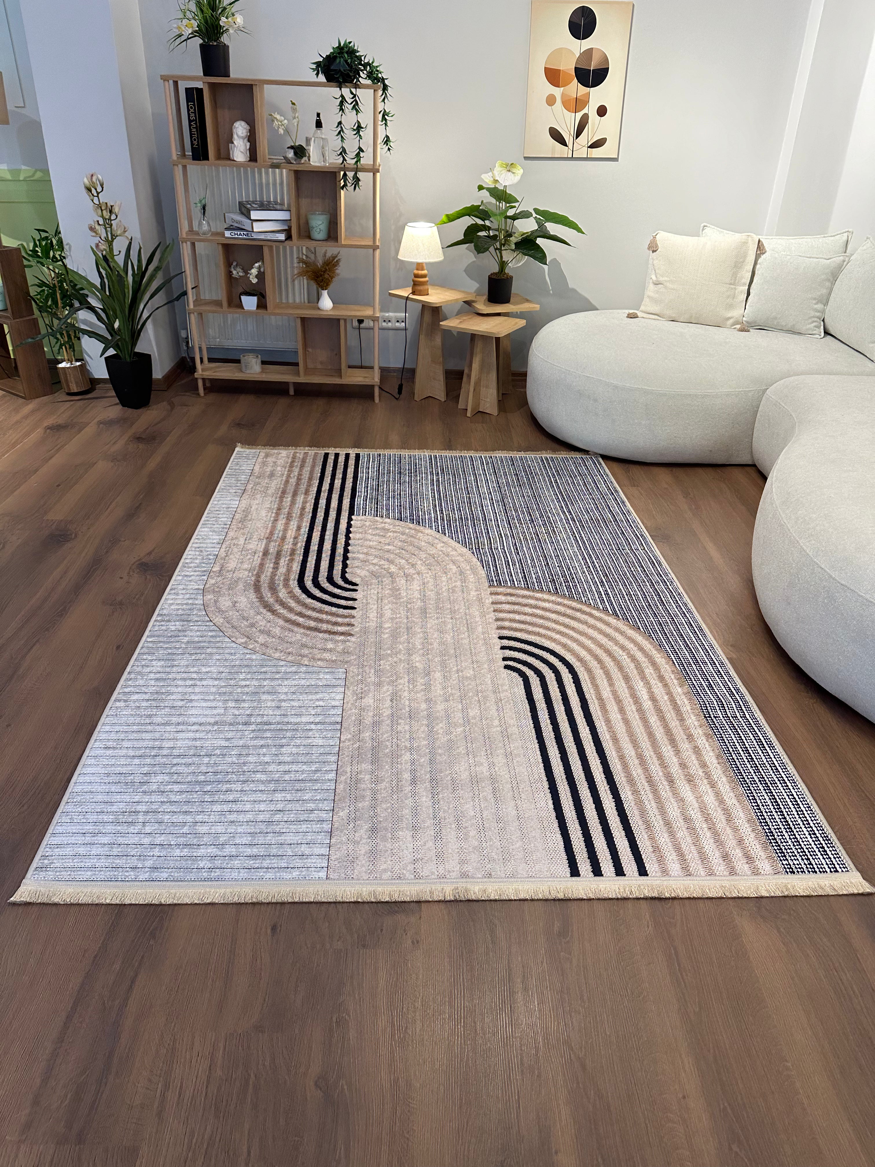 LUNA BEJ - Kaymaz Deri Taban Makinede Yıkanabilir Salon Oturma Odası Mutfak Halısı