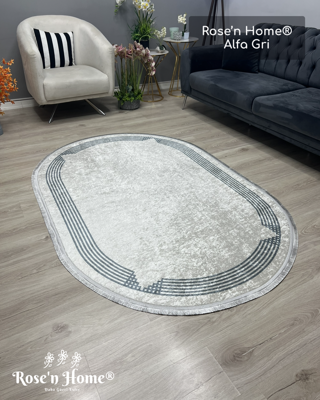 ALFA GRİ - Kaymaz Deri Taban Makinede Yıkanabilir Salon Oturma Odası Mutfak Halısı