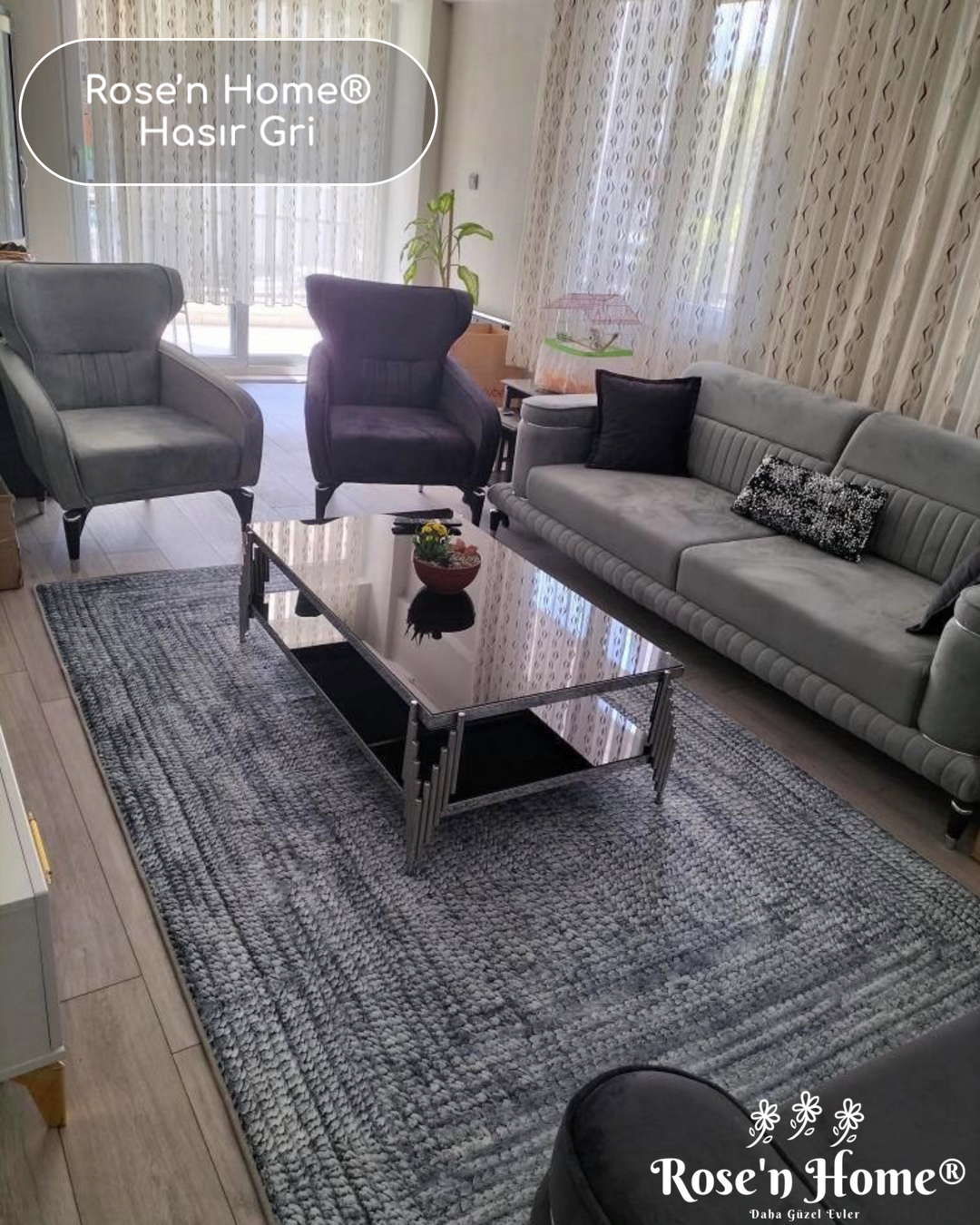 HASIR GRİ - Kaymaz Deri Taban Makinede Yıkanabilir Salon Oturma Odası Mutfak Halısı