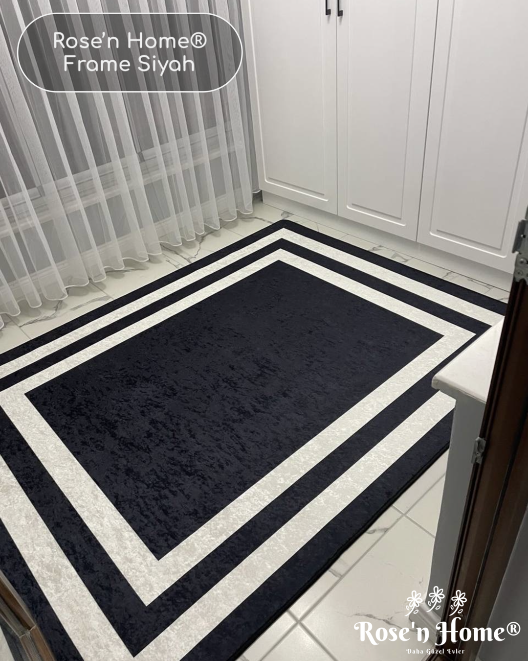 FRAME SİYAH - Kaymaz Deri Taban Makinede Yıkanabilir Salon Oturma Odası Mutfak Halısı