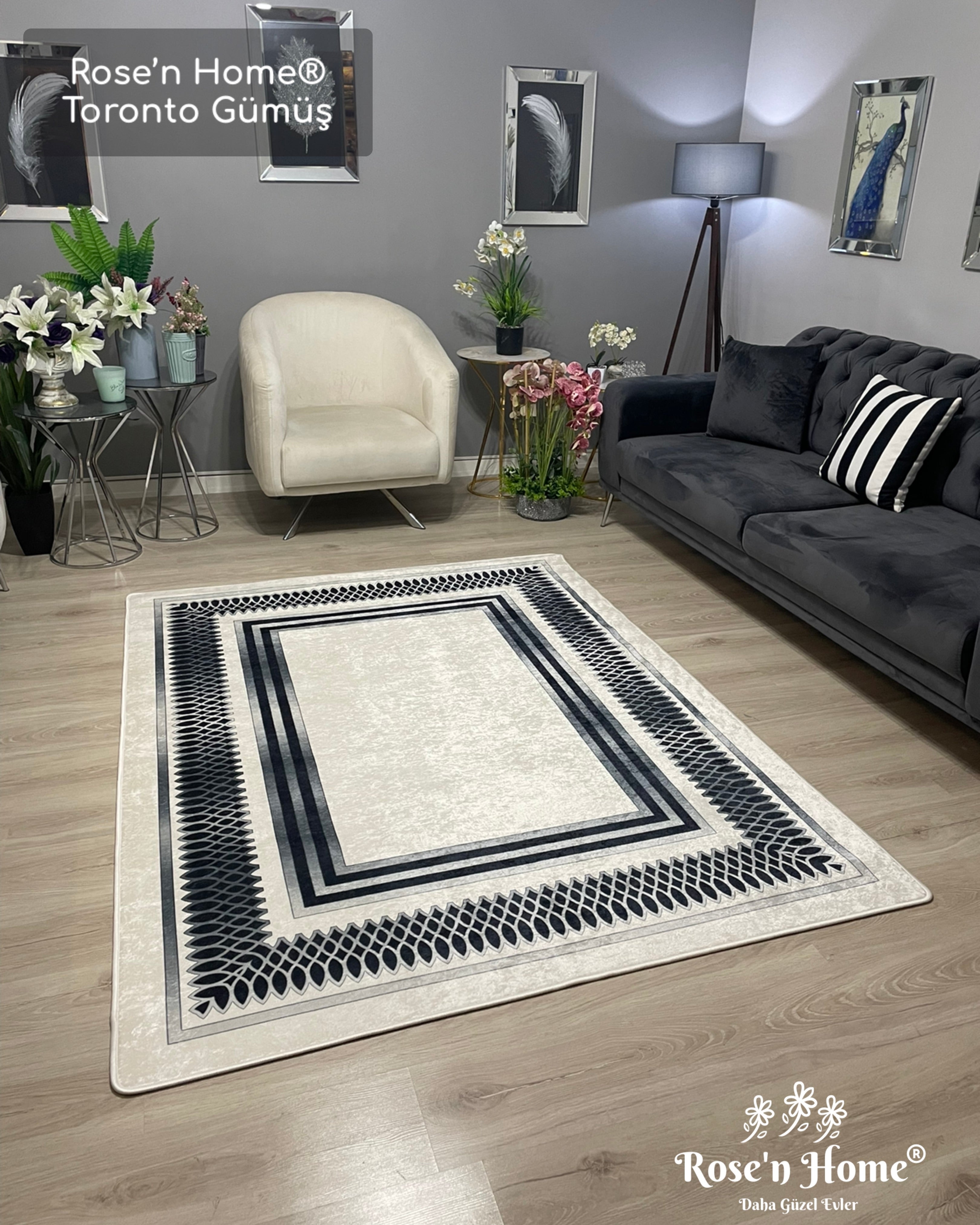 TORONTO GÜMÜŞ - Kaymaz Deri Taban Makinede Yıkanabilir Salon Oturma Odası Mutfak Halısı