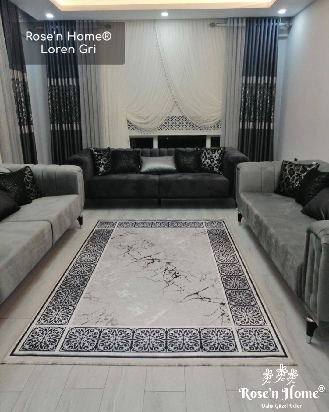 LOREN GRİ - Kaymaz Deri Taban Makinede Yıkanabilir Salon Oturma Odası Mutfak Halısı