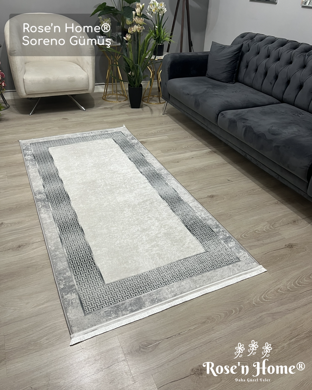 SORENO GÜMÜŞ - Kaymaz Deri Taban Makinede Yıkanabilir Salon Oturma Odası Mutfak Halısı