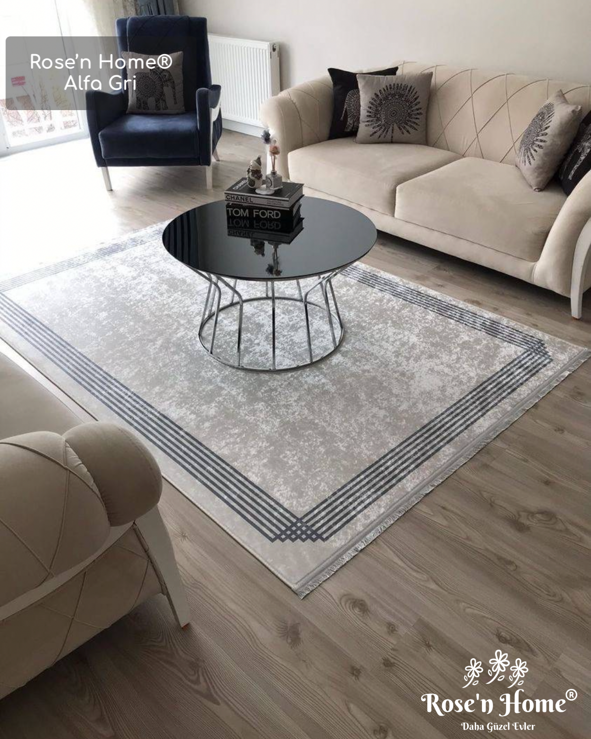 ALFA GRİ - Kaymaz Deri Taban Makinede Yıkanabilir Salon Oturma Odası Mutfak Halısı