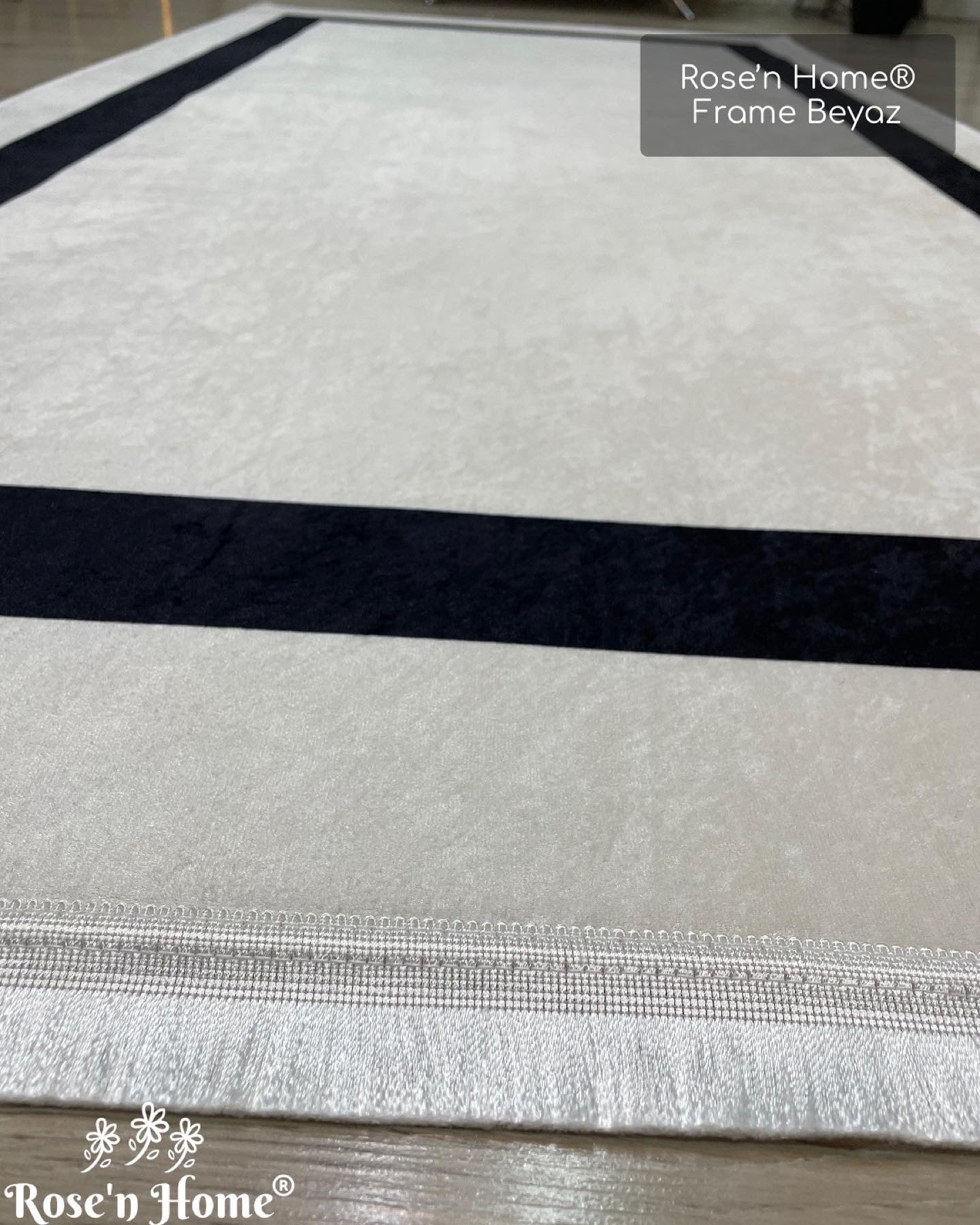 FRAME LİNE BEYAZ - Kaymaz Deri Taban Makinede Yıkanabilir Salon Oturma Odası Mutfak Halısı