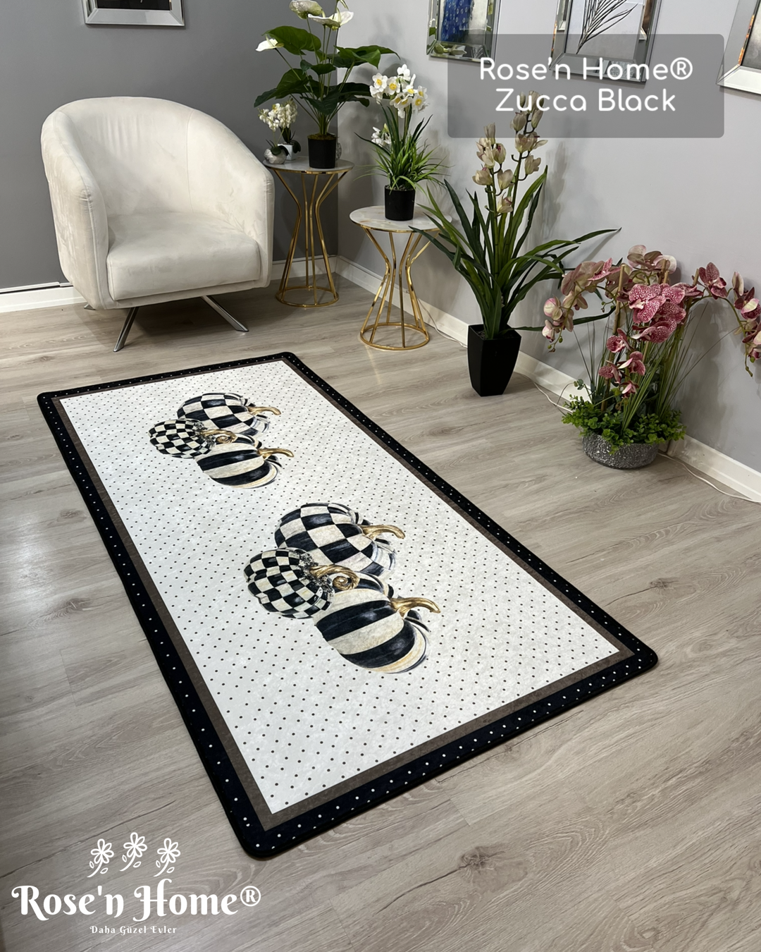 ZUCCA BLACK - Kaymaz Deri Taban Makinede Yıkanabilir Salon Oturma Odası Mutfak Halısı