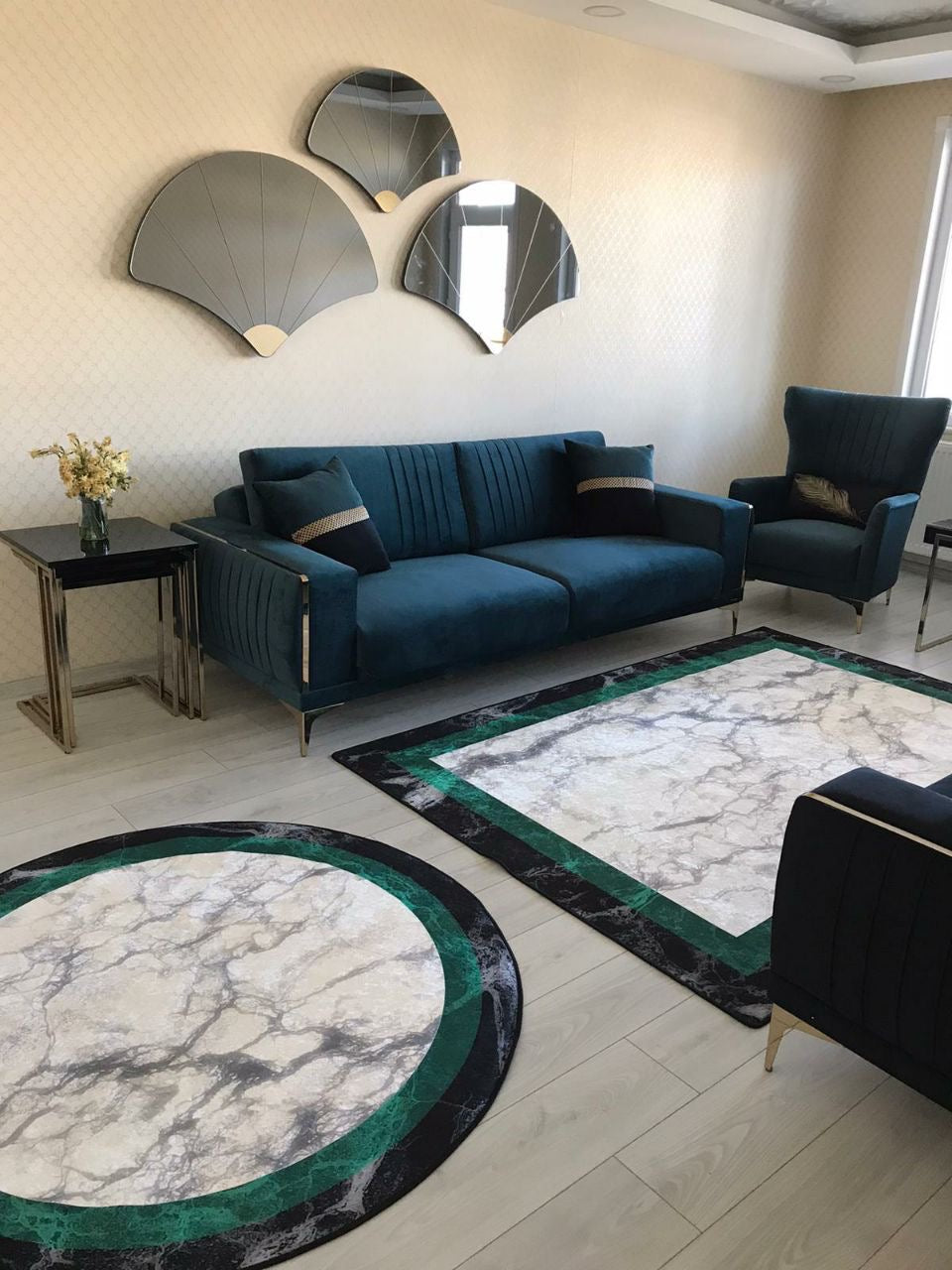 FRAME MERMER YEŞİL - Kaymaz Deri Taban Makinede Yıkanabilir Salon Oturma Odası Mutfak Halısı