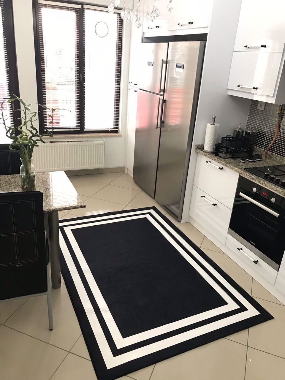 FRAME SİYAH - Kaymaz Deri Taban Makinede Yıkanabilir Salon Oturma Odası Mutfak Halısı