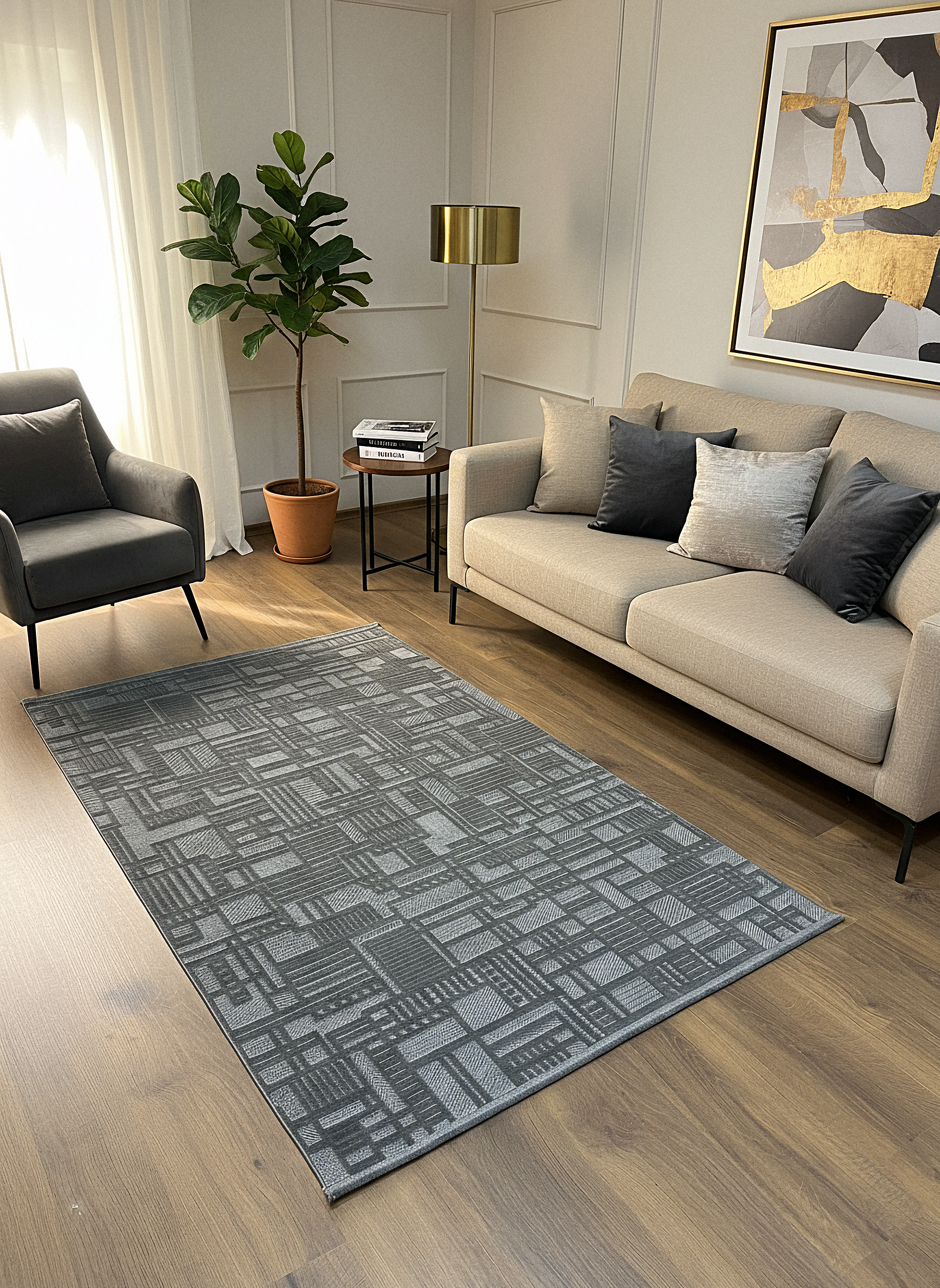 MYRA 448 Antrasit Geometrik Desenli Modern Salon Mutfak Koridor Balkon Halısı