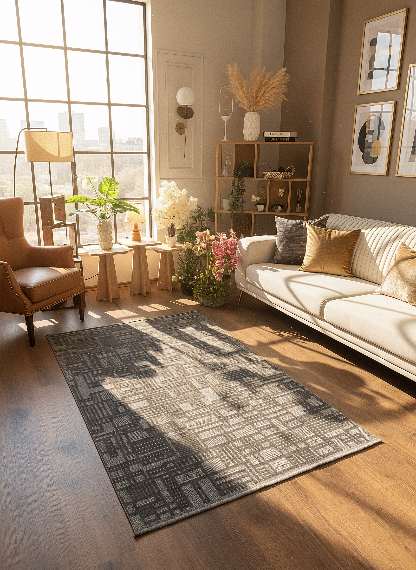 MYRA 448 Antrasit Geometrik Desenli Modern Salon Mutfak Koridor Balkon Halısı