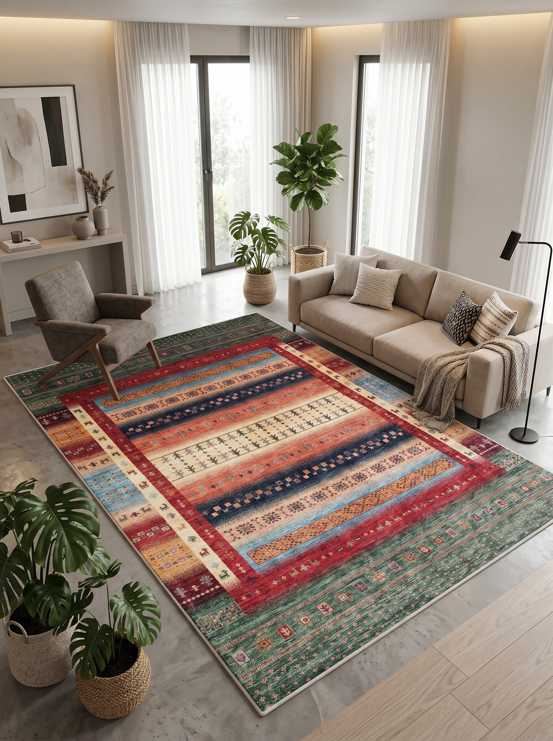 yıkanabilir kaymaz taban şönil dokuma halı 80x200 yesil; kirmizi; renkli