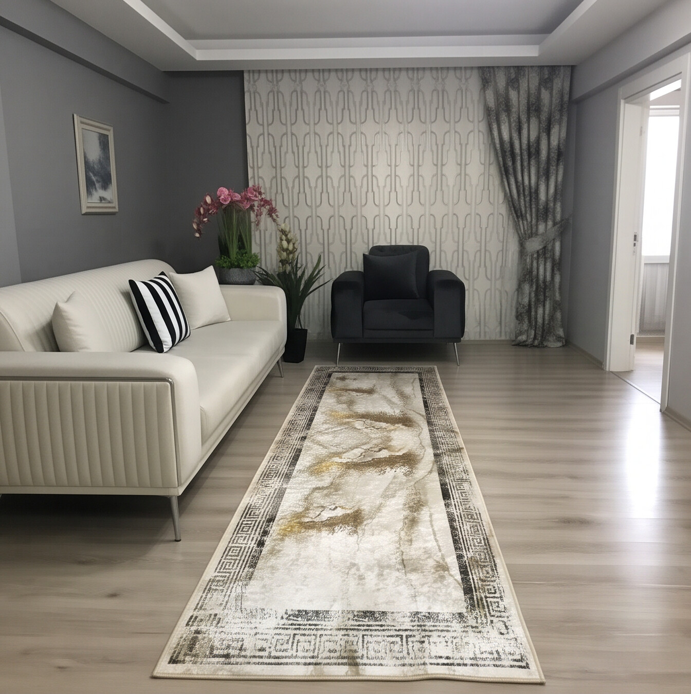 CHAİN MARBLE GOLD - Kaymaz Deri Taban Makinede Yıkanabilir Salon Oturma Odası Mutfak Halısı