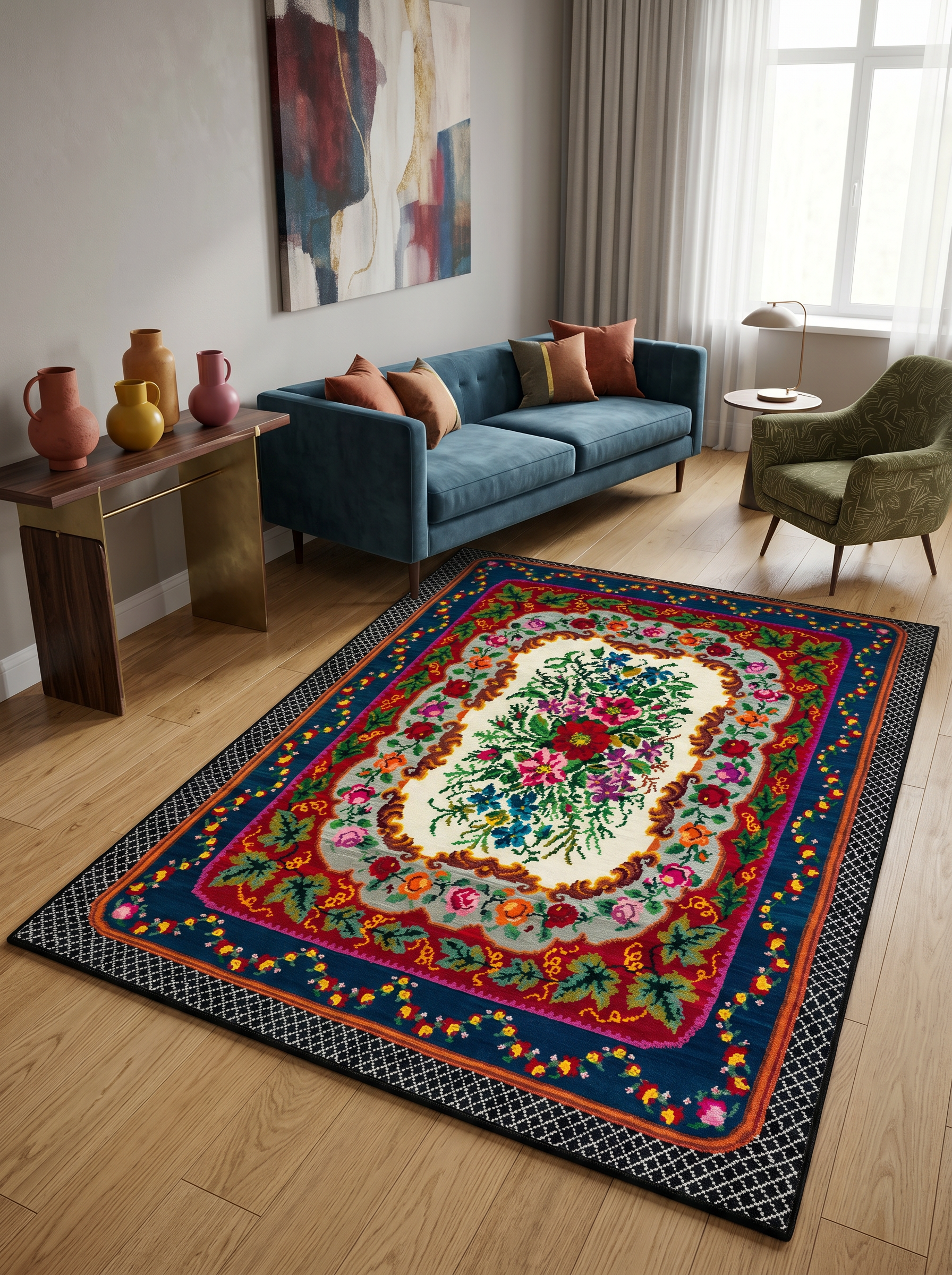yıkanabilir kaymaz taban şönil dokuma halı 160x230 (4 m²) kirmizi; lacivert; renkli
