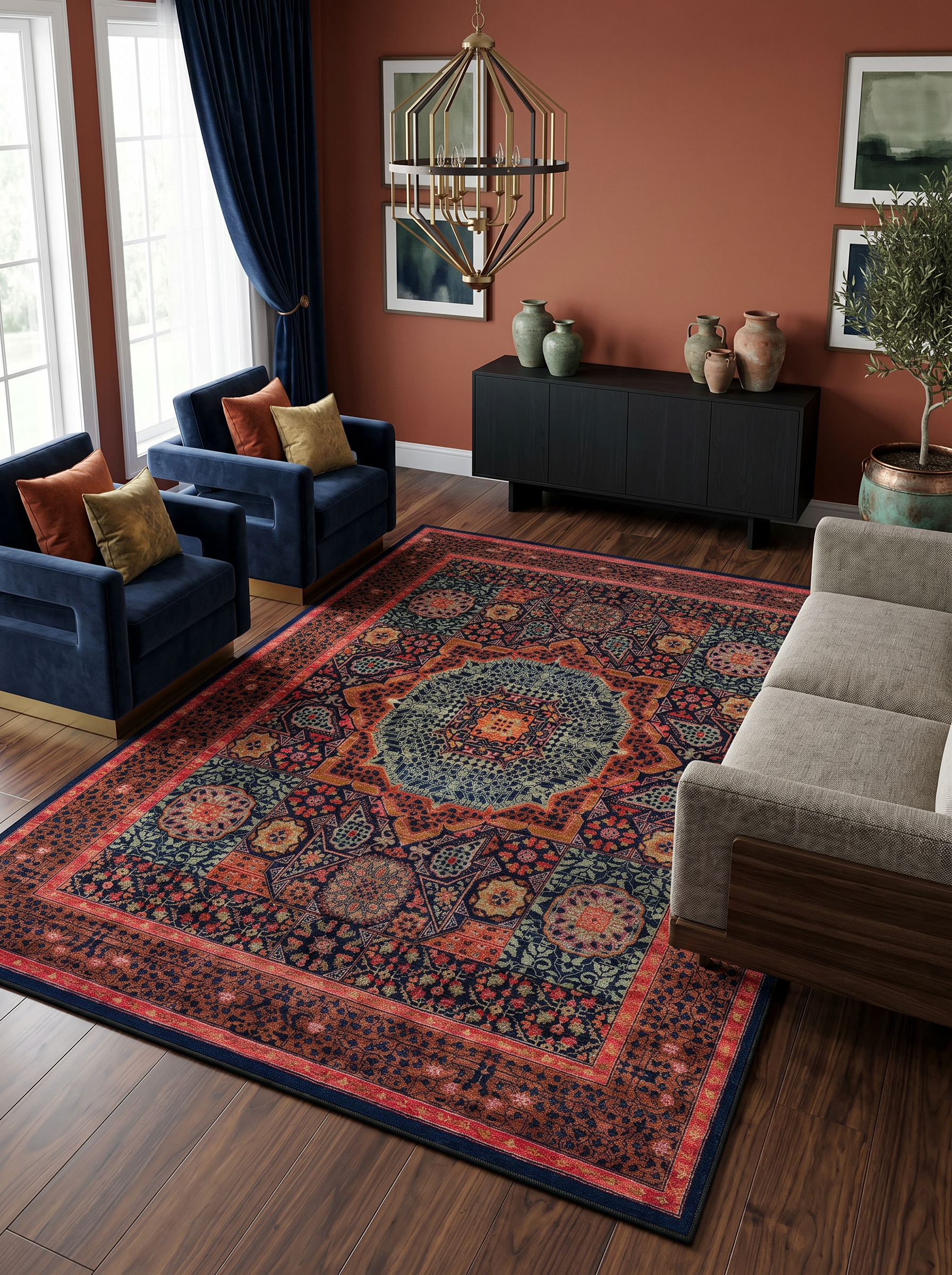 yıkanabilir kaymaz taban şönil dokuma halı 100x200 turuncu; yesil; renkli