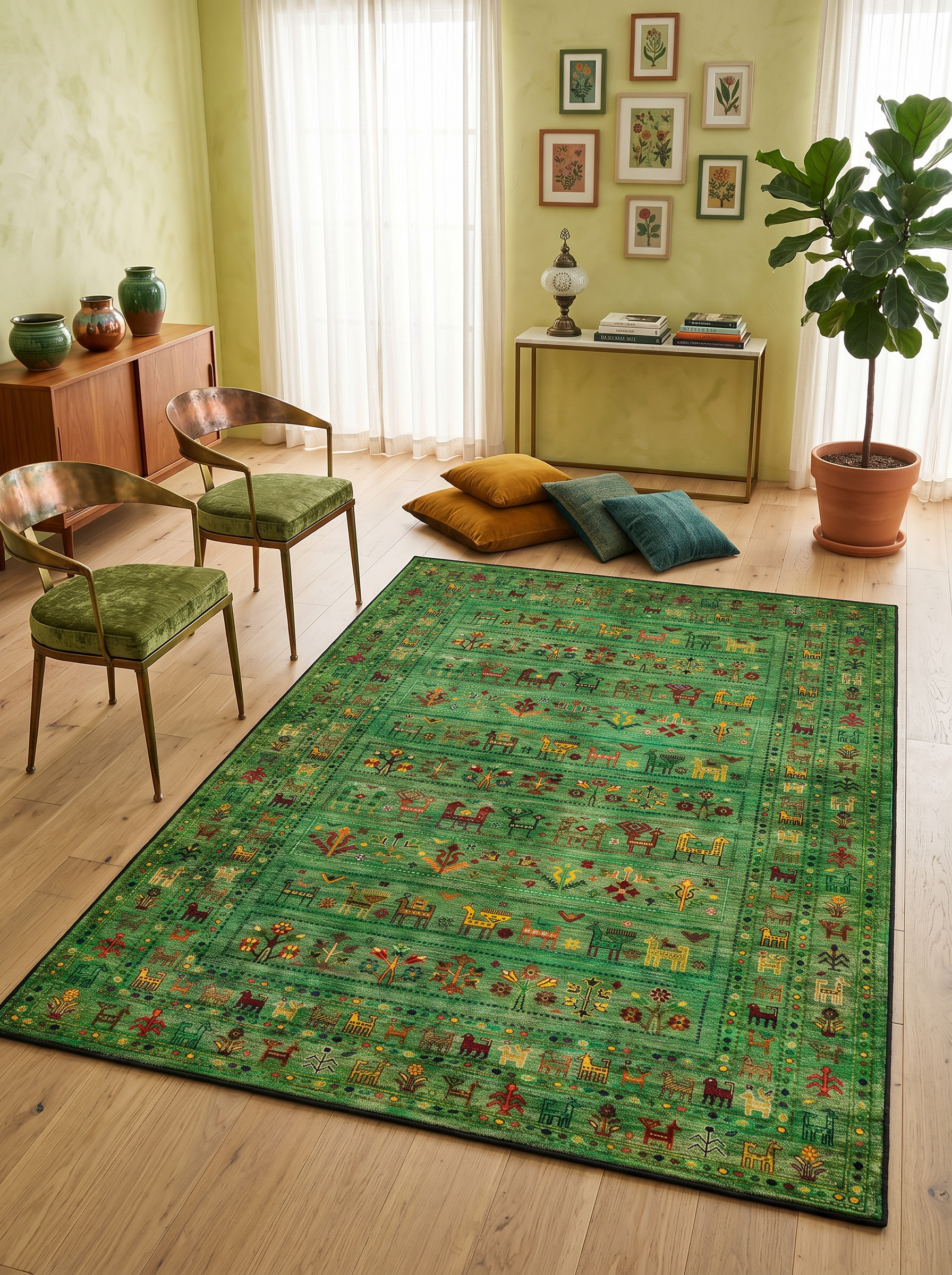 yıkanabilir kaymaz taban şönil dokuma halı 100x200 yesil; renkli