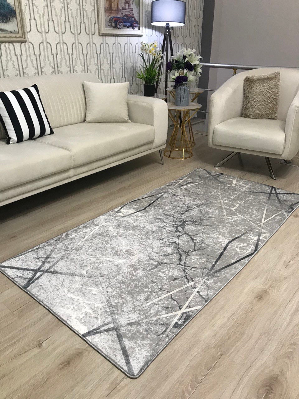 MERMER BRİLL GRİ - Kaymaz Deri Taban Makinede Yıkanabilir Salon Oturma Odası Mutfak Halısı